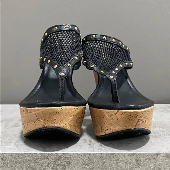 VENUS Black and Tan Beaded Mesh Wedge Sandals Size 8 - Picture 4 of 13